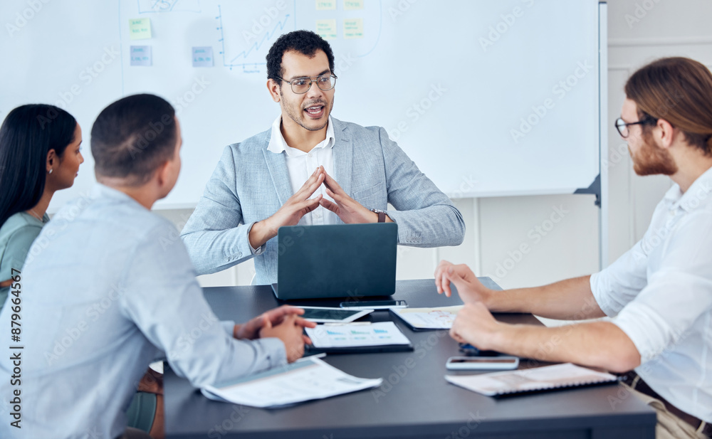 Boss, business people or talking in meeting for ideas, teamwork or collaboration for project. Manager, investor or executive director speaking to group in discussion for feedback, planning or report Boss, business people or talking in meeting for ideas, teamwork or collaboration for project. Manager, investor or executive director speaking to group in discussion for feedback, planning or report