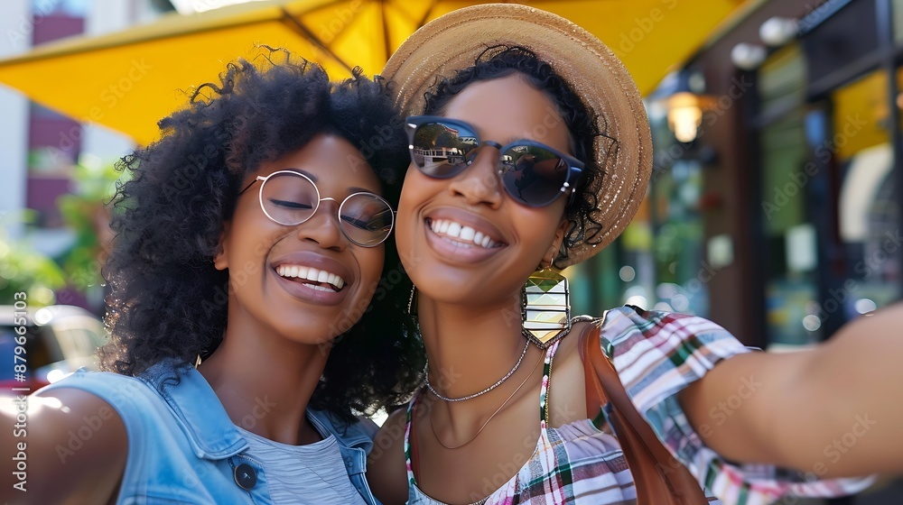 Two beautiful smiling african american women taking selfie while standing outdoors near food court on sunny day : Generative AI Two beautiful smiling african american women taking selfie while standing outdoors near food court on sunny day : Generative AI