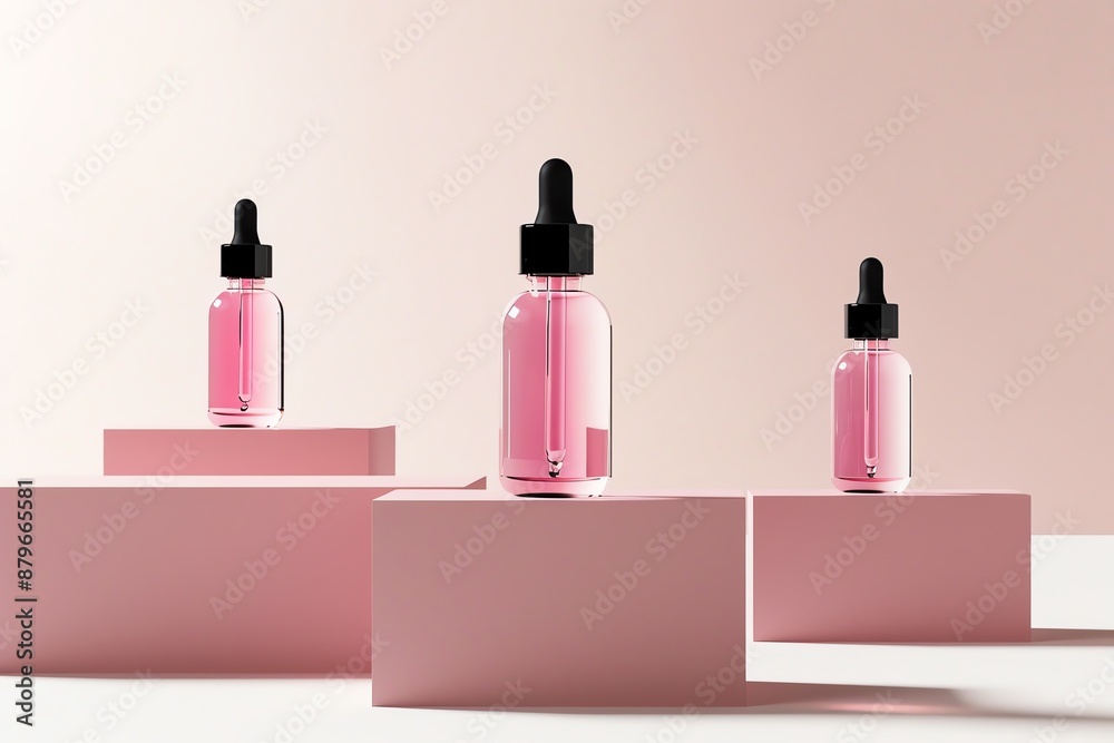 Elegant arrangement of pink serum bottles with droppers on pastel platforms, ideal for beauty and skincare products display. Elegant arrangement of pink serum bottles with droppers on pastel platforms, ideal for beauty and skincare products display.