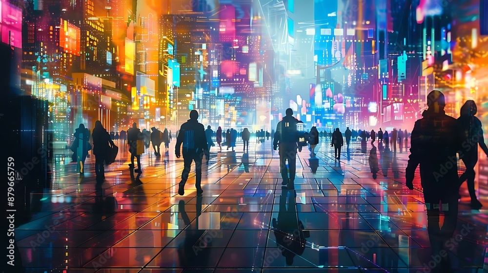 Silhouettes of People Walking in a Futuristic City with Neon Lights Illustration Silhouettes of People Walking in a Futuristic City with Neon Lights Illustration