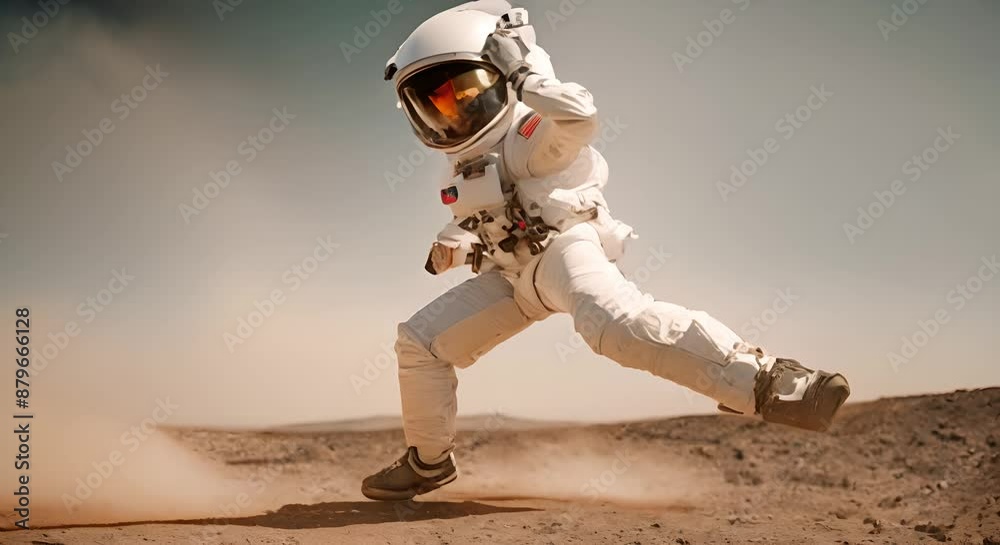 Un astronauta bailando en el desierto y el polvo de la arena se levanta