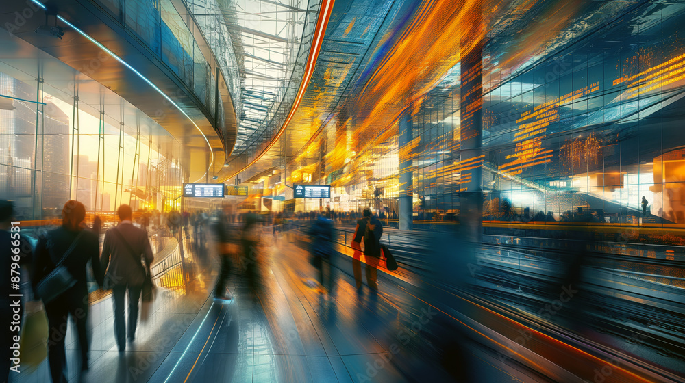 Dynamic image of a busy modern train station with commuters and motion blur effects during sunset. Dynamic image of a busy modern train station with commuters and motion blur effects during sunset.