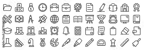 School and Education icon set Containing Folder, Alphabet, Position, Clock, Geography, Notes, Highlighter, Reading, Badge, Writing Tool, Audiobook, Dividers, Globe, Notepad icons illustration. 