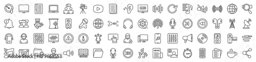 Podcast icon set Containing Listening, Live, Chapter, Slow Down, Communication, Antenna, Stream, Folder , Earbuds, Broadcast, Audiobook, Audio Editing and Download icons illustration.	
