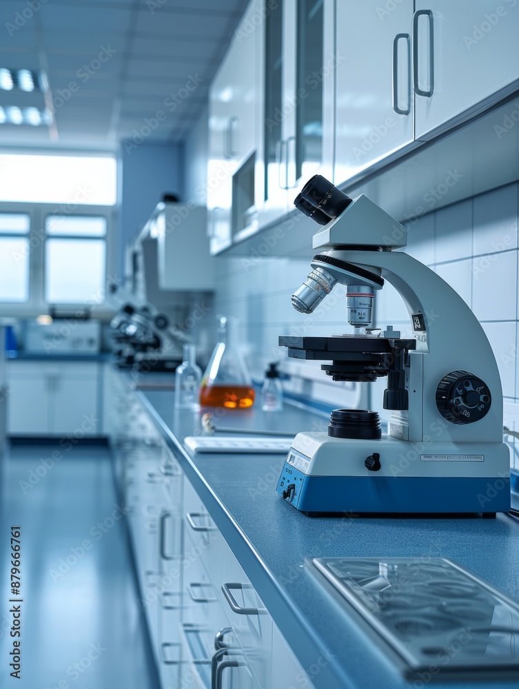 A microscope is on a counter in a lab. The lab is clean and organized. The microscope is the main focus of the image A microscope is on a counter in a lab. The lab is clean and organized. The microscope is the main focus of the image