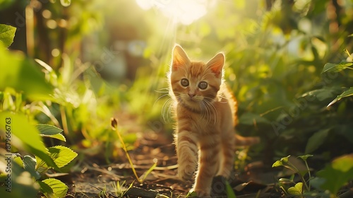 Cat on nature outdoors Funny kitten walking in the garden on a summer sunny day Horizontal banner : Generative AI