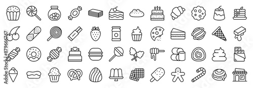 Sweets icon set Containing Honey Jar, Toffee, Swirl, Birthday Cake, Chocolate Bar, Piece Of Cake, Cookie, Donuts, Cake Slice, Brigadeiro, Cotton Candy, Wafer and Honey icons illustration.	
