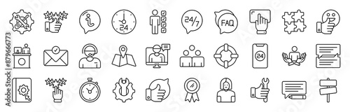 Support icon set Containing Info, Five Stars, Customers, 24 Hours Support, Available, Technical Service, Feedback, Service, Quality and Manual icons illustration. 