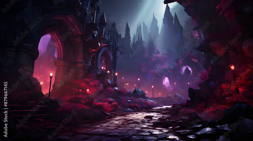 Fototapeta premium A dark and eerie pathway lit by torches leading up to a gothic castle. Red foliage adds to the ominous and mysterious feel of the night.