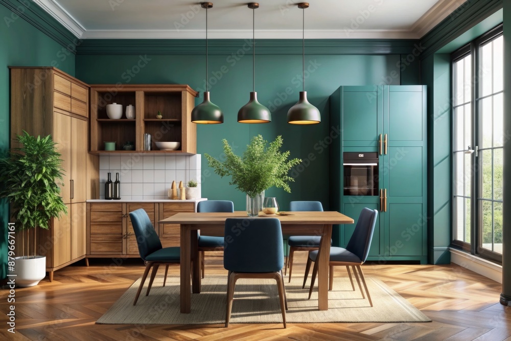  Modern dining room, kitchen with wooden table and chairs, dark teal blue counter cabinet, cupboard, tree and black refrigerator in sunlight for interior design decoration background 3D