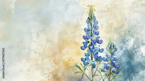 A serene image showcasing bluebonnet flowers set against a soft pastel sky, painted in watercolor style, evoking a sense of calmness and airy beauty in nature's landscape. photo