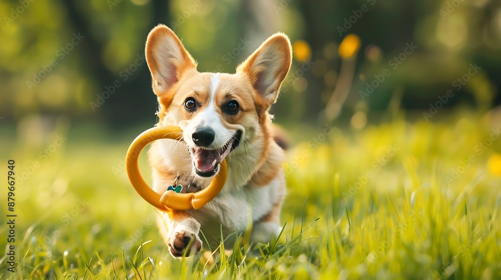 Happy corgi dog playful companion runs happily with training ring toy in his mouth on grass in meadow Carefree and happy pet life Concept of training and playing pets outside : Generative AI Happy corgi dog playful companion runs happily with training ring toy in his mouth on grass in meadow Carefree and happy pet life Concept of training and playing pets outside : Generative AI