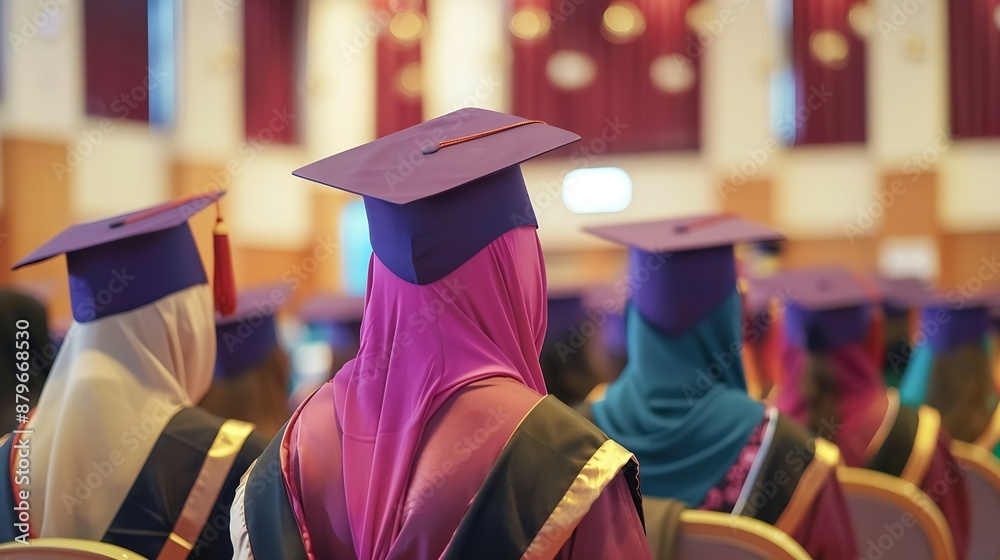 Back view of graduates students in hijab is attending the graduation ...