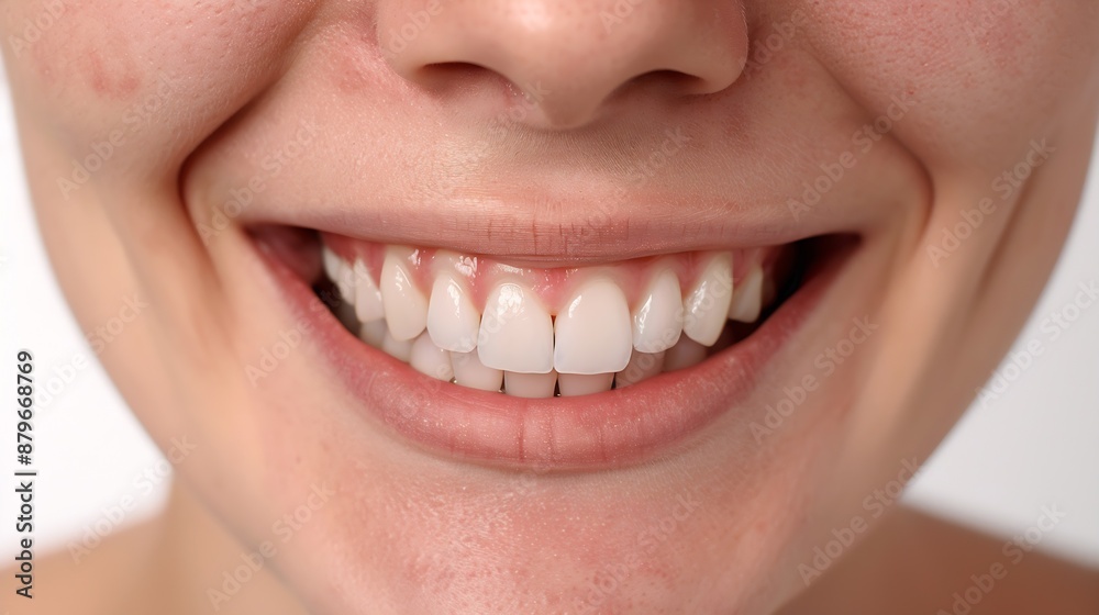 Obraz premium Perfect white teeth smile of a young woman The result of the teeth whitening procedure The image symbolizes oral care dentistry Closeup on a white background : Generative AI