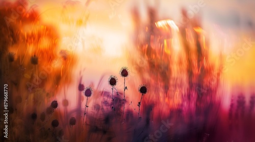 Vibrant autumn colors blur in a pictorialist art style creating a dreamlike landscape with trees and thistle silhouettes : Generative AI photo