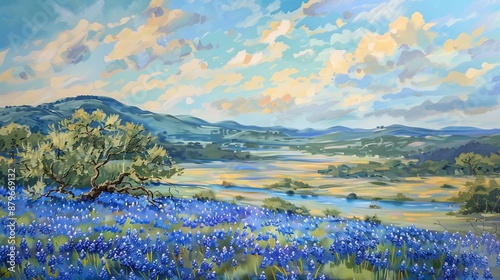 This image captures vibrant bluebonnets sprawling across open fields under a dynamic sky with colorful clouds, evoking feelings of serenity and natural beauty.