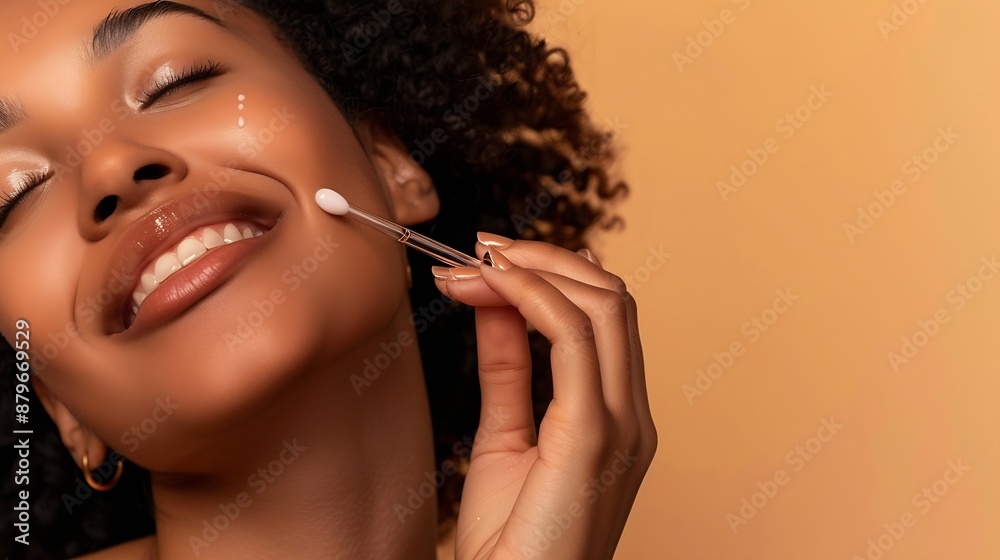 Fototapeta premium Closeup portrait of happy young woman applying anti aging serum on face Beautiful latin woman moisturizes her skin Detail of healthy and skin care conscious multiethnic girl using faci : Generative AI