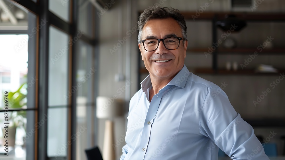 Happy mid aged older business man executive standing in office Smiling 50 year old mature confident professional manager confident businessman investor looking at camera headshot close : Generative AI