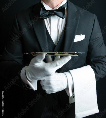 Butler or Waiter in Dark Formal Suit and White Gloves Holding Serving Tray. White Glove Service and Professional Hospitality.
