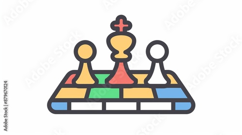 This image highlights a chess-inspired board game setup featuring three colorful pieces and a multicolored tile board, suggesting intellectual challenge and strategic gameplay. photo