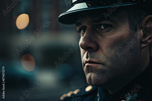 A close-up image of a law enforcement officer in uniform, with a visible badge. © Jennie Pavl