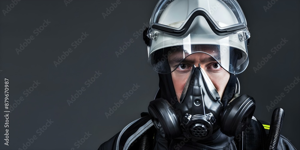 Closeup of serious firefighter in protective gear with oxygen mask and helmet. Concept Firefighter Portrait, Protective Gear, Oxygen Mask, Helmet, SeriousExpression Closeup of serious firefighter in protective gear with oxygen mask and helmet. Concept Firefighter Portrait, Protective Gear, Oxygen Mask, Helmet, SeriousExpression