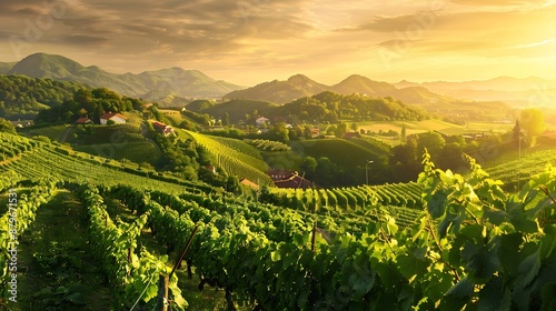 Slovenia   a view of  famous vineyard in  Skalce Slovenske Konjice Scenic panoramic view of vineyards in sunny day : Generative AI photo