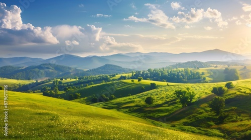 Vivid summer landscape of a rolling countryside on a sunny day Mountains in morning light Location place Carpathian mountains Ukraine Europe Vibrant photo wallpaper Discover the beauty : Generative AI