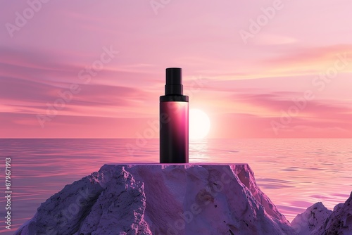 Elegant black bottle on rocky surface with serene pink sunset over ocean, perfect for beauty or skincare product imagery.