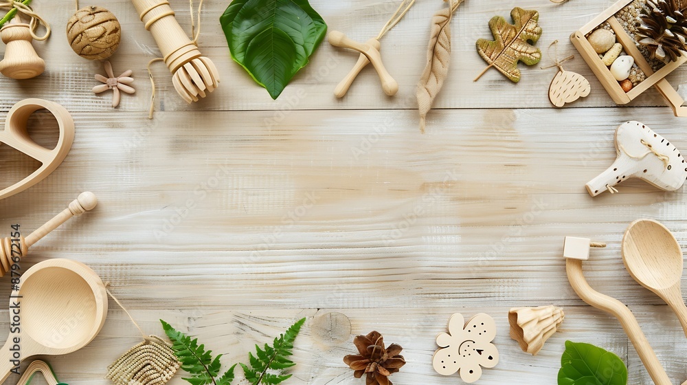 Eco friendly natural wooden baby toys Flat lay top view baby toys online shop online store concept with copy space : Generative AI