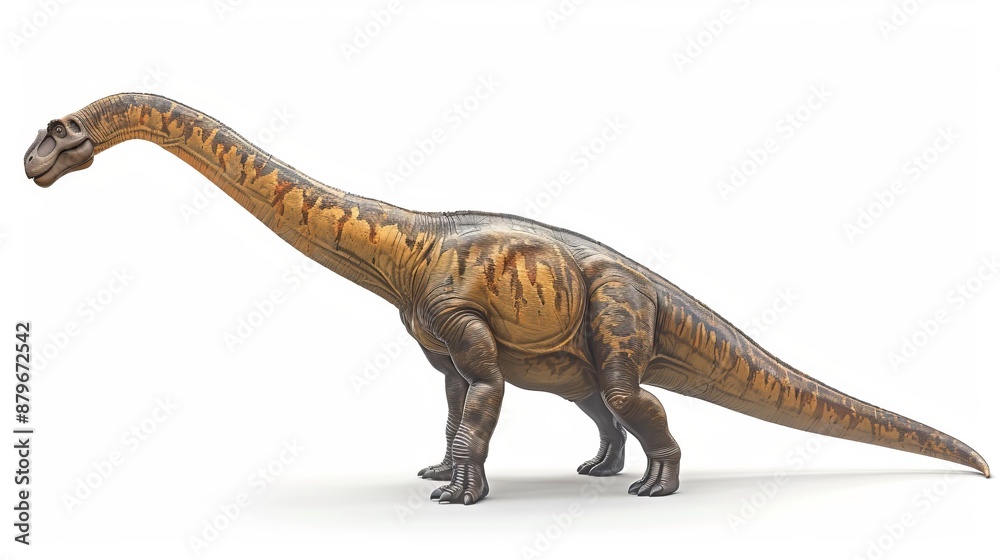 A detailed and realistic depiction of a long-necked dinosaur, showcasing its elongated neck and tail, captured in a side profile view against a white background. A detailed and realistic depiction of a long-necked dinosaur, showcasing its elongated neck and tail, captured in a side profile view against a white background.