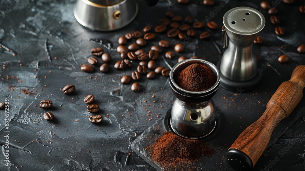A composition featuring coffee beans and a grinder, artistically placed on a textured black countertop, evoking the aroma and richness of freshly ground coffee. A composition featuring coffee beans and a grinder, artistically placed on a textured black countertop, evoking the aroma and richness of freshly ground coffee.