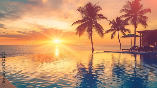 Outdoor luxury sunset over infinity pool swimming summer beachfront hotel resort tropical landscape Beautiful tranquil beach holiday vacation background Amazing island sunset beach vie : Generative AI