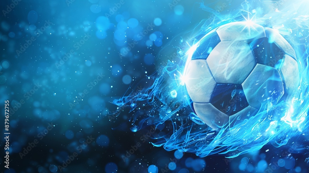 Naklejka premium A glowing soccer ball surrounded by vibrant electric blue abstract patterns, representing energy and excitement. Perfect for sports and digital art enthusiasts.