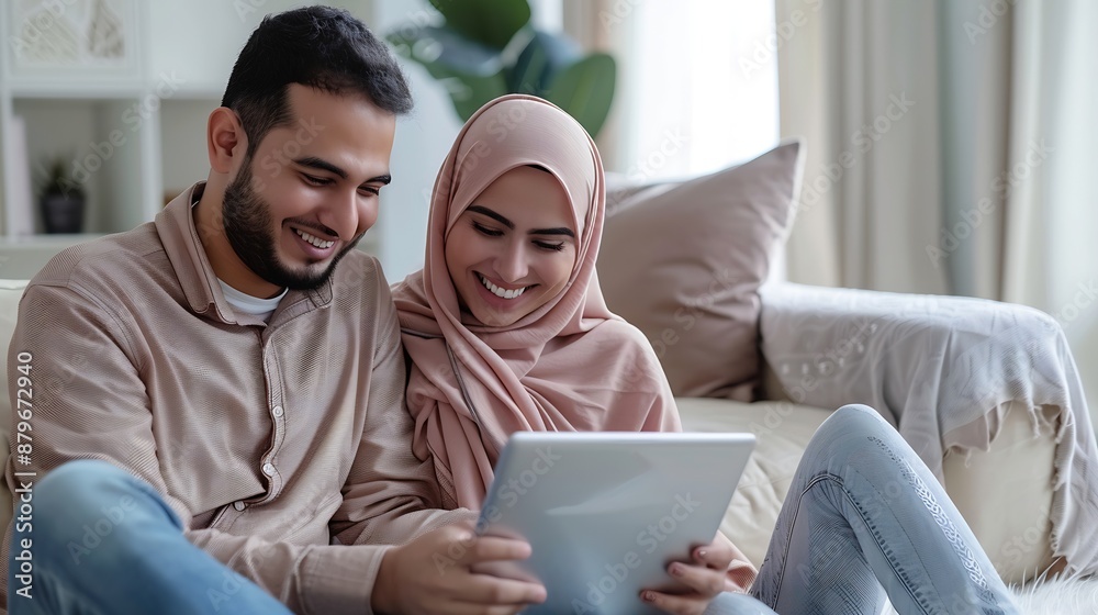 Smiling muslim couple with digital tablet relaxing on floor at home happy arab man and woman in hijab sharing fun moment while looking at tablet browsing internet or watching videos cl : Generative AI Smiling muslim couple with digital tablet relaxing on floor at home happy arab man and woman in hijab sharing fun moment while looking at tablet browsing internet or watching videos cl : Generative AI