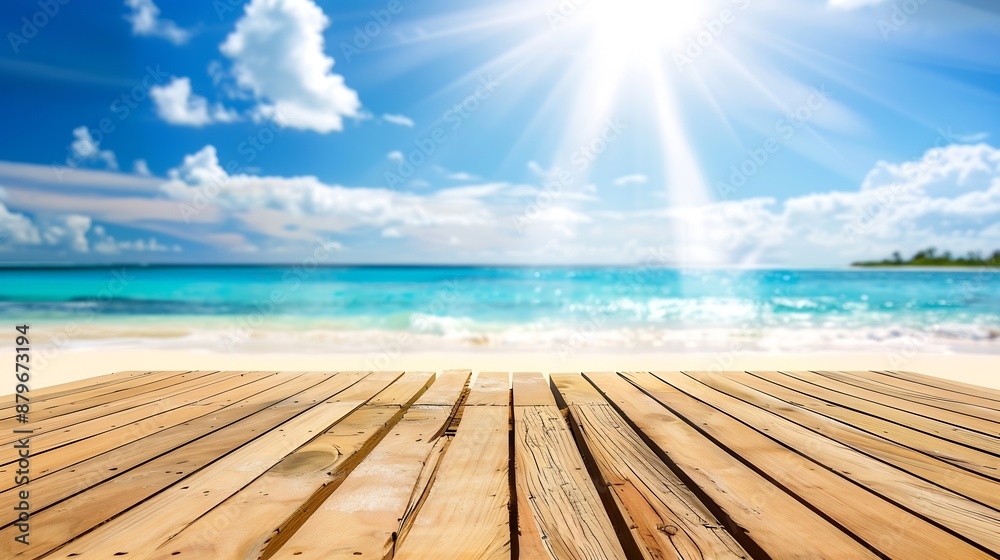 Fototapeta premium Table on Sea Summer Background Top Wooden Deck on White Beach Sand Blue Water and Sun Sunny Day Pier Ocean Tropical Outdoor Landscape Texture Sky Horizon Spring Backdrop for Vacation T : Generative AI