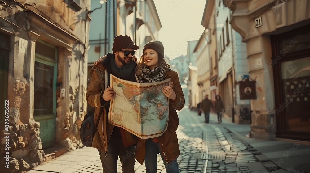 Happy couple enjoying in travel while exploring a map during their walk through the town : Generative AI