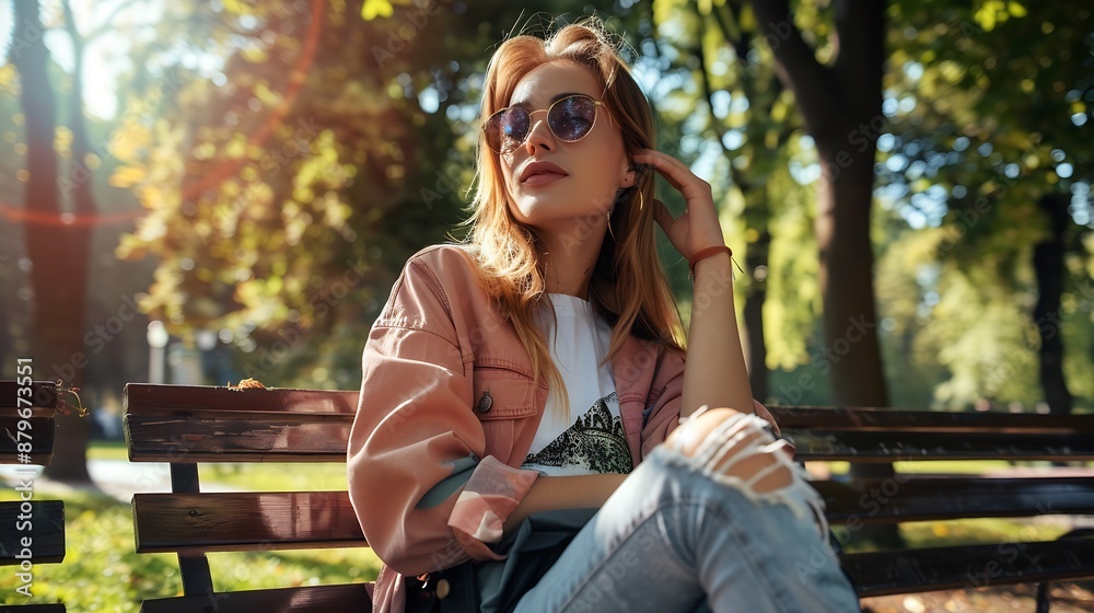 Side view of young female in casual clothes sitting on bench and resting in park on sunny day while looking away dreamily during work break : Generative AI Side view of young female in casual clothes sitting on bench and resting in park on sunny day while looking away dreamily during work break : Generative AI