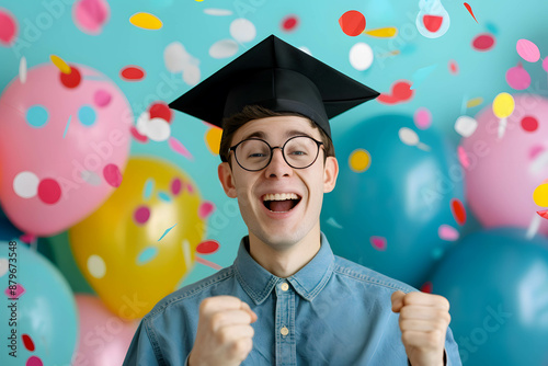 A proud student with degree hat clenched their fist happily with confetti and balloons behind, celebrating receiving scholarships concept photo