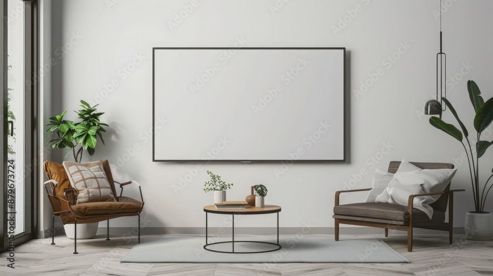 A blank modern flat screen TV hanging on the wall in a minimalist living room. A blank modern flat screen TV hanging on the wall in a minimalist living room.