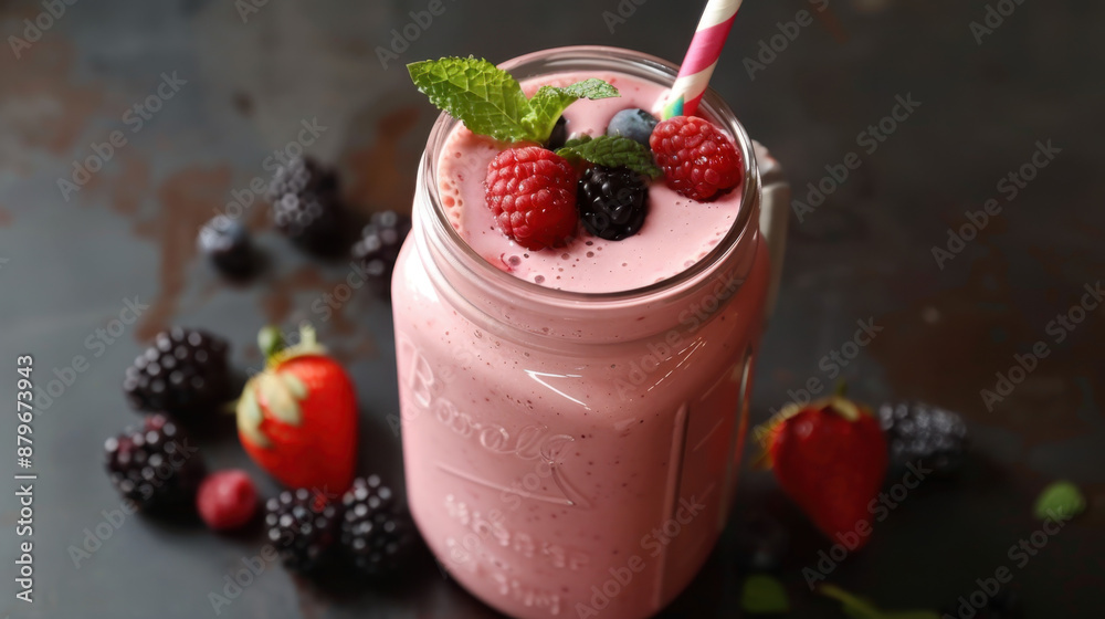 Fresh berry smoothie in a mason jar with raspberries, blackberries, blueberries, mint leaves, and striped straw Fresh berry smoothie in a mason jar with raspberries, blackberries, blueberries, mint leaves, and striped straw