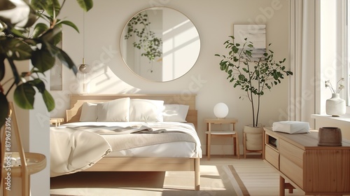 Bedroom in light colors with wooden eco furniture and accessories with a mirror and a panoramic window The concept of a laconic Scandinavian interior Copyspace : Generative AI