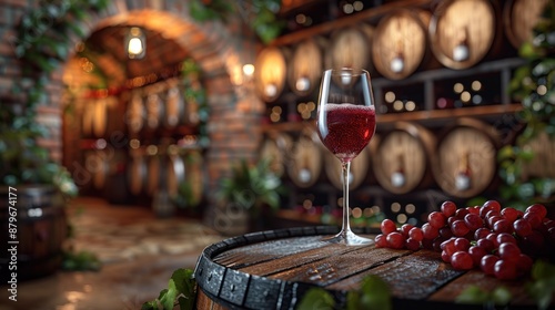 Wine Cellar with Glass of Red Wine and Grapes