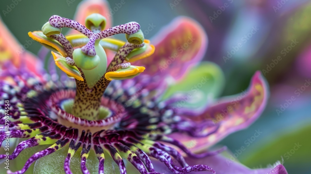 Fototapeta premium Close-Up of Vibrant Passion Flower with Intricate Details