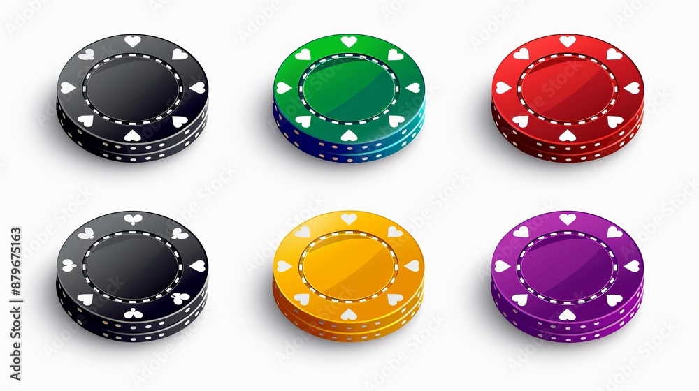 A collection of six poker chips in a range of vibrant colors, each featuring heart symbols, evocative of fun and excitement in gaming and card games. A collection of six poker chips in a range of vibrant colors, each featuring heart symbols, evocative of fun and excitement in gaming and card games.