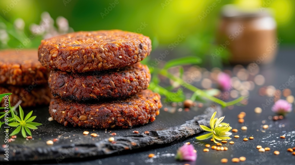 Vegan Burger Patties Amidst Wheat Fields Vegan Burger Patties Amidst Wheat Fields