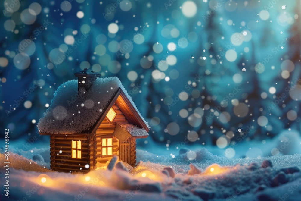 Cozy Winter Cabin in Snowy Forest with Warm Glowing Lights and Snowfall Bokeh Cozy Winter Cabin in Snowy Forest with Warm Glowing Lights and Snowfall Bokeh