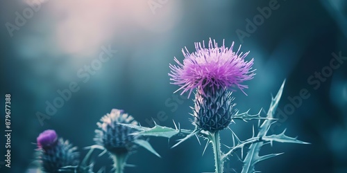 Symbolic Herbal Detox Young Milk Thistle Plant with Thorny Leaves and Purple Blooms. Concept Herbal Detox, Milk Thistle Plant, Thorny Leaves, Purple Blooms, Symbolic Healing photo