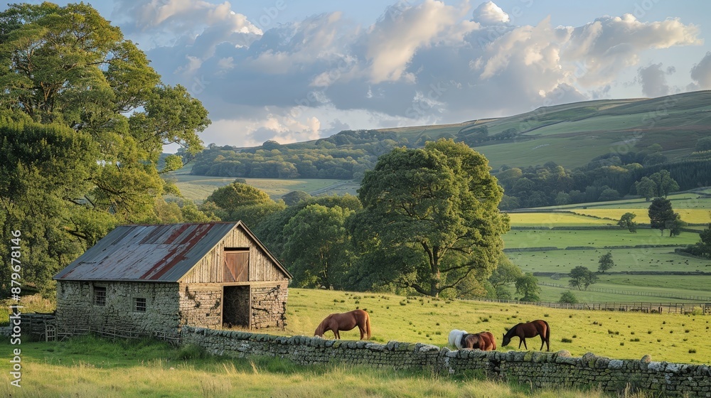 A tranquil countryside scene with a rustic barn and grazing horses, peaceful rural life. A tranquil countryside scene with a rustic barn and grazing horses, peaceful rural life.