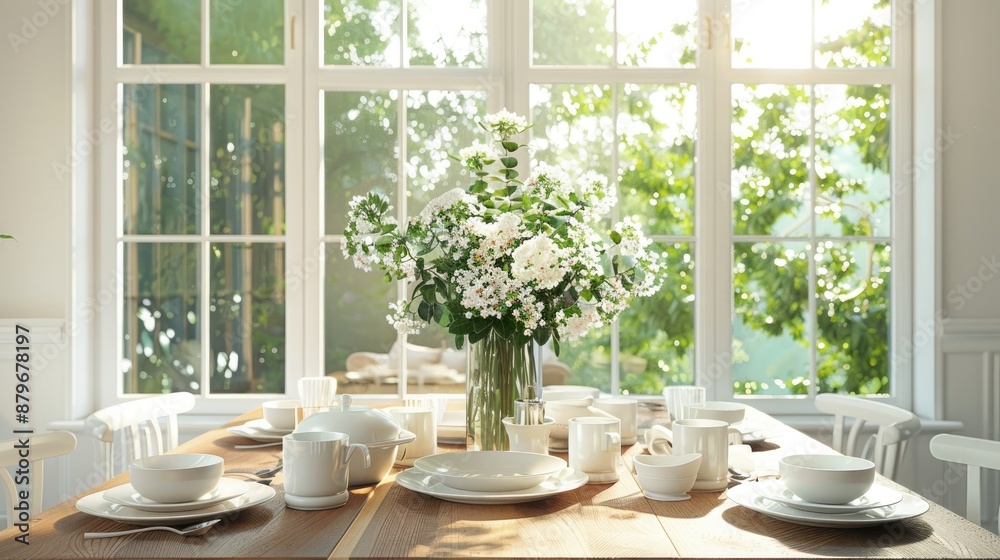 A bright dining room with a wooden table set with white dinnerware, fresh flowers in a vase, and large windows letting in natural light. A bright dining room with a wooden table set with white dinnerware, fresh flowers in a vase, and large windows letting in natural light.